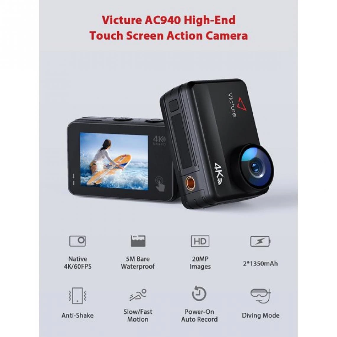 Caméra D'action Victure AC940 4K 60FPS 8M Machine Nue Étanche 20MP C... 2 Caméra D'action Victure AC940 4K 60FPS 8M Machine Nue Étanche 20MP C... – Image 2